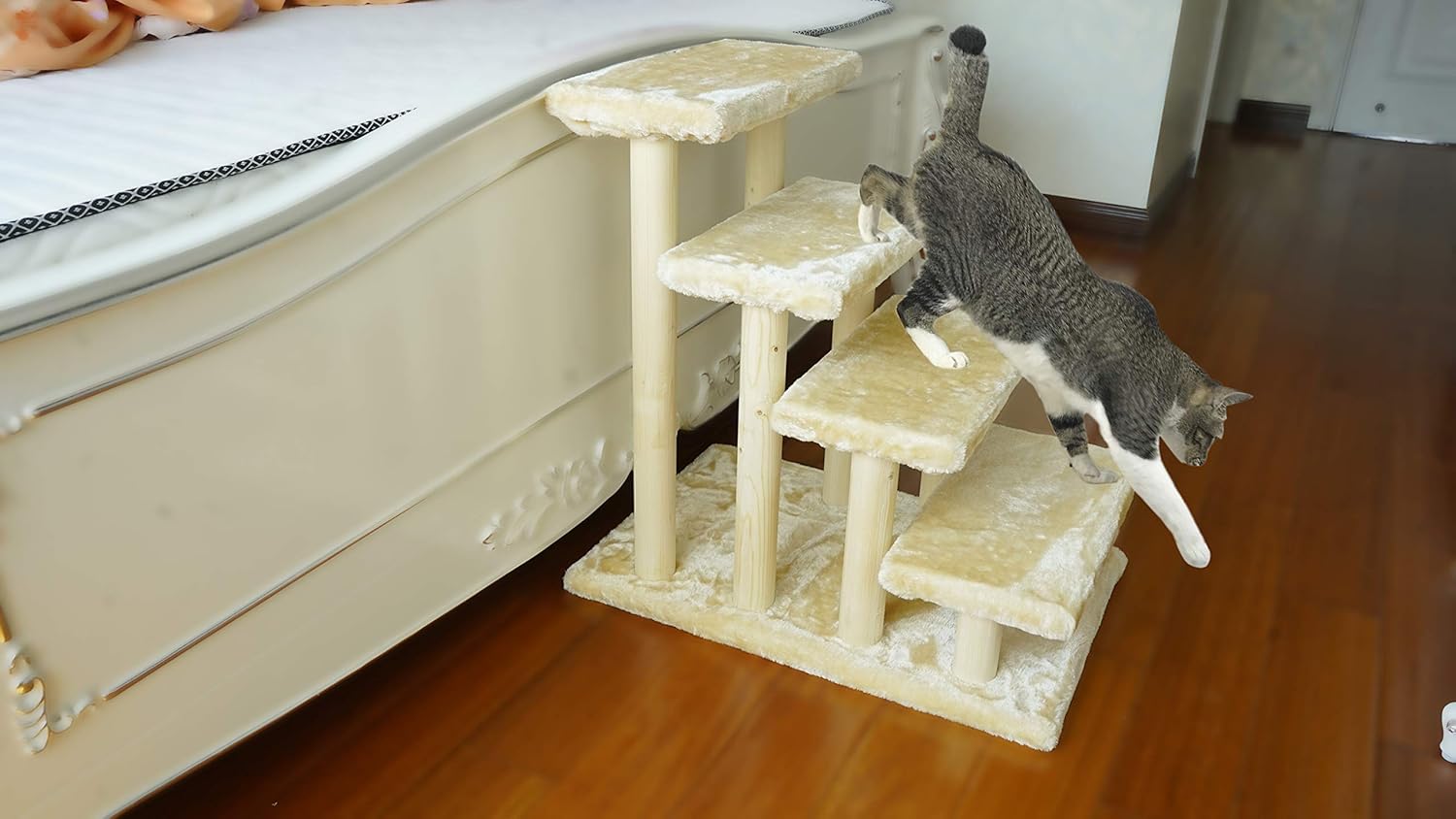 Cowboy Wooden Pet Stairs 4-Step with Detachable Carpet for High Bed and Couch, White Q2985