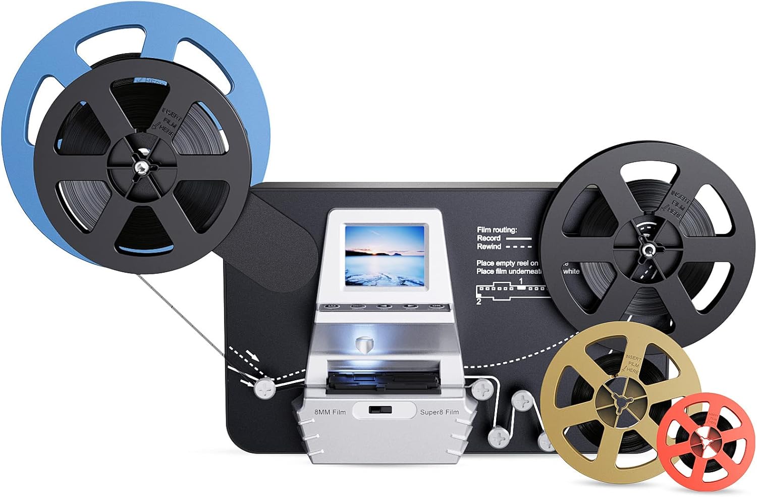 8mm & Super 8 Reels to Digital Film Scanner Converter, Film Digitizer with 2.4 Screen, Convert 3” 4” 5” 7” 9” Reels View Frame by Frame into 1080P Digital MP4 Files,Sharing & Saving on 32GB SD Card