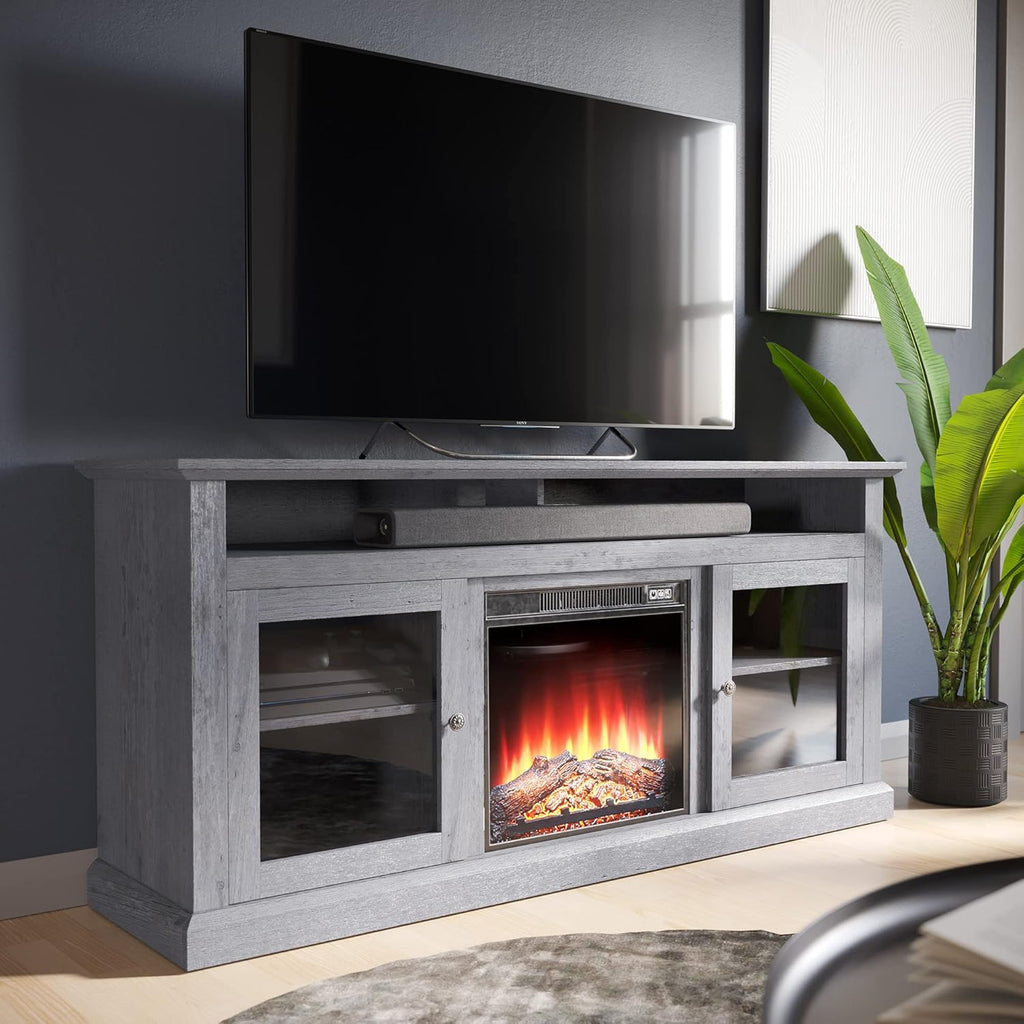 BELLEZE 60 Inch Electric Fireplace TV Stand for TVs up to 65 Inches - Cayman Gray Wash O505598