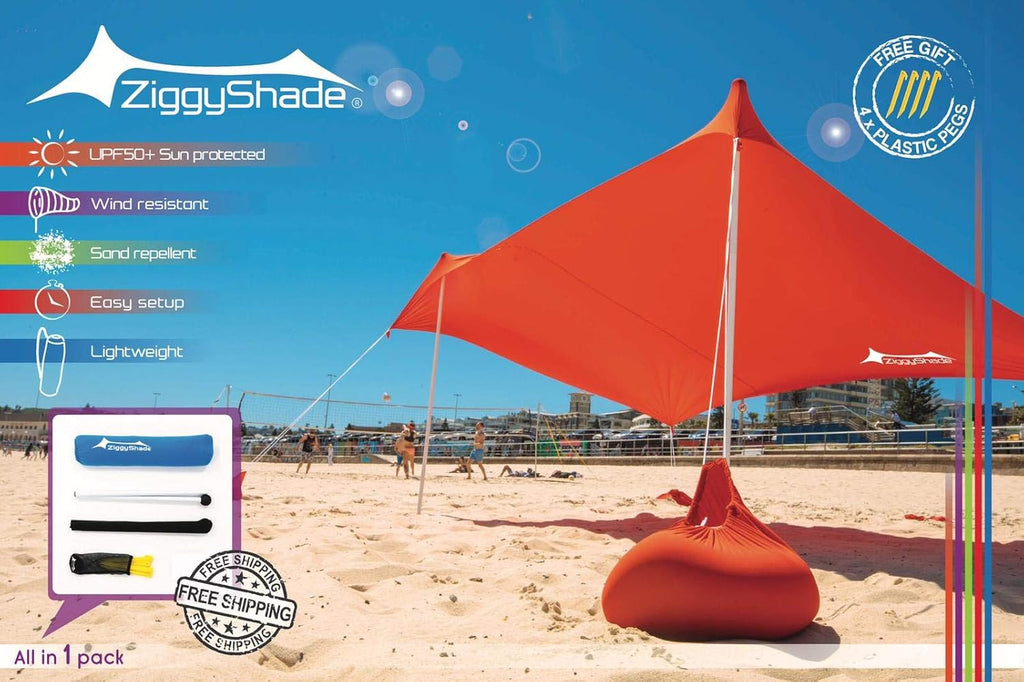 ZiggyShade Family Beach Sunshade – Lightweight UPF50+ UV Canopy with Sandbag Anchors J249613