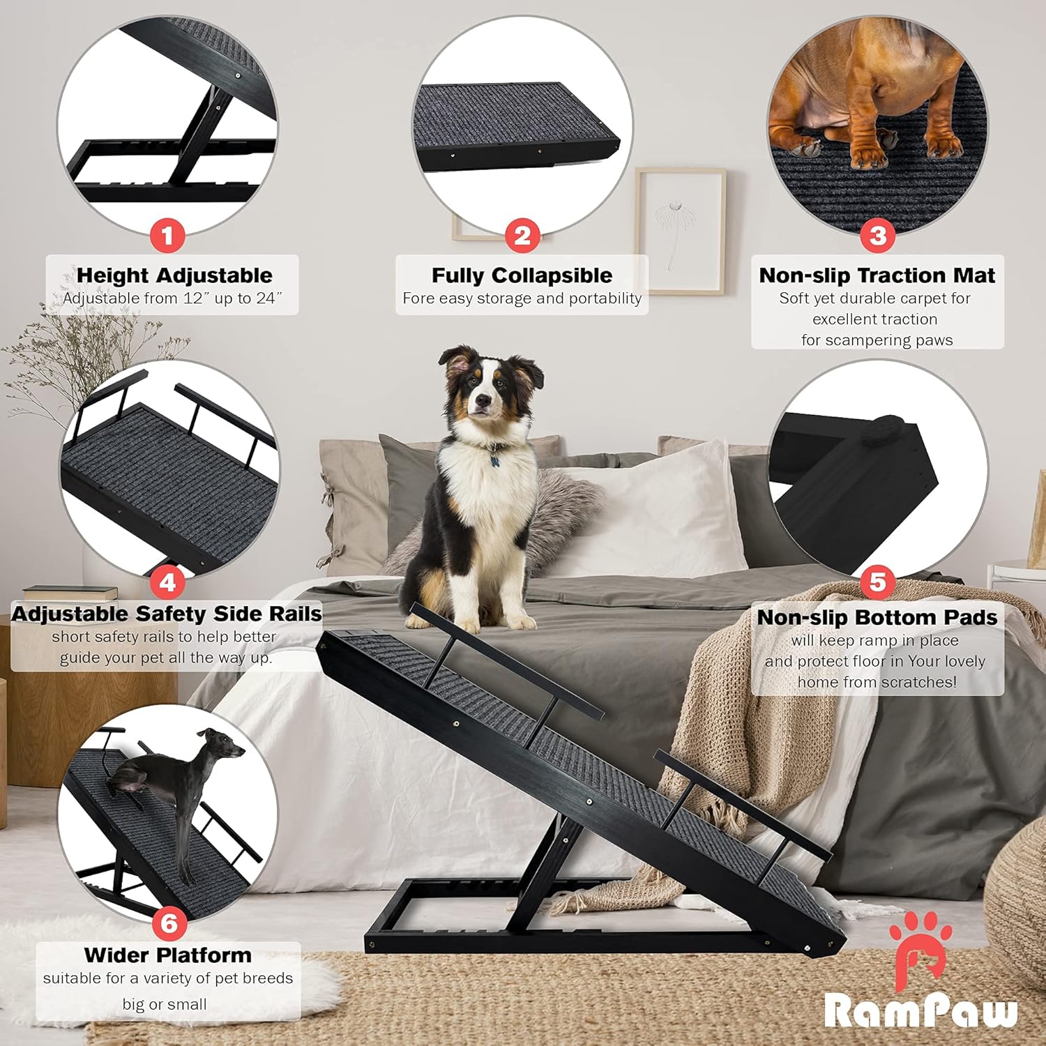 Rampaw Adjustable Pet Ramp for Small Dogs and Cats, Non-Slip, 12-24 in, Black T447371