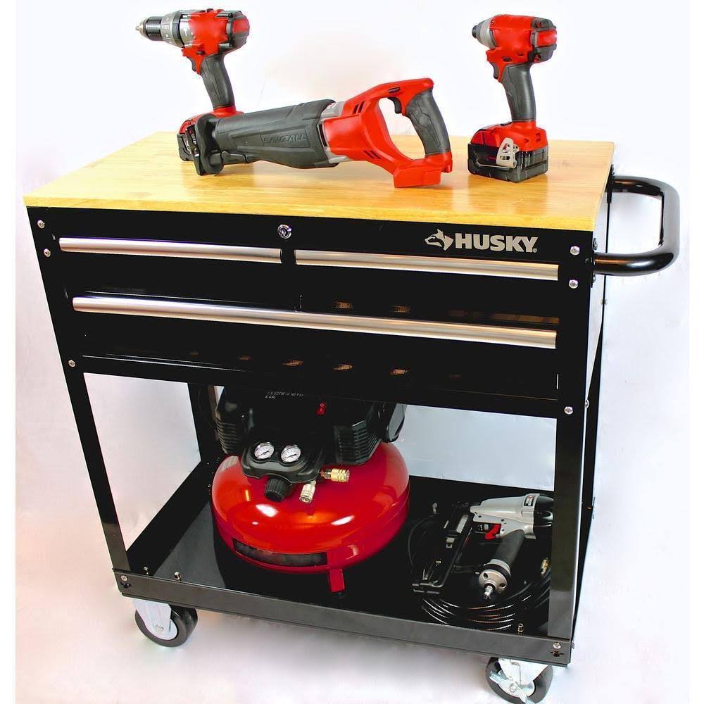 Husky 36 in. 3-Drawer Rolling Tool Cabinet Cart with Wood Top Black I54078