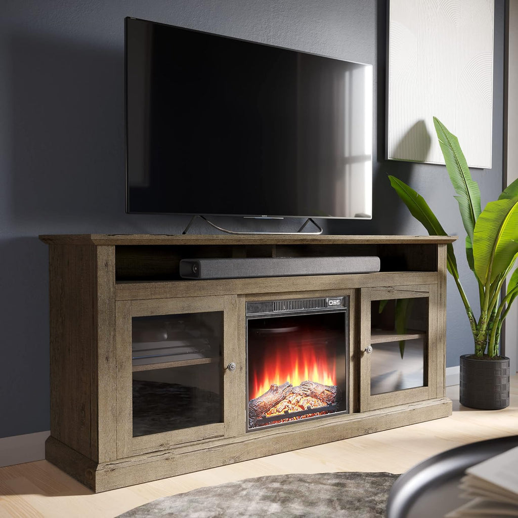 BELLEZE 60 Inch Electric Fireplace TV Stand for TVs up to 65 Inches - Cayman Gray Wash O505598
