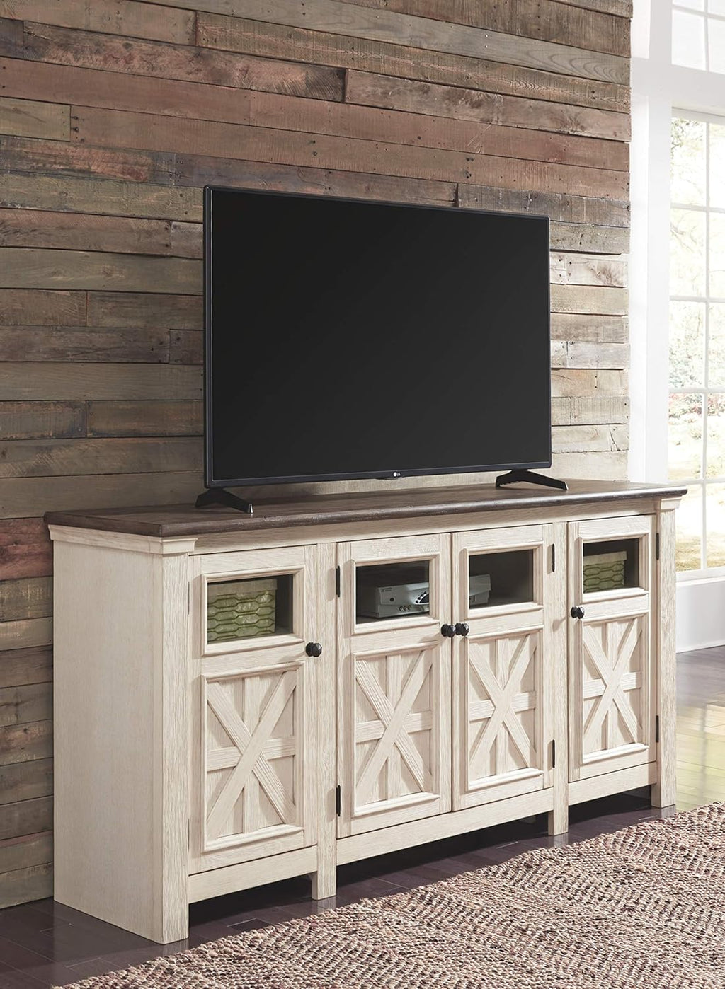 Signature Design by Ashley Bolanburg Farmhouse TV Stand for TVs up to 72, Whitewash A9526