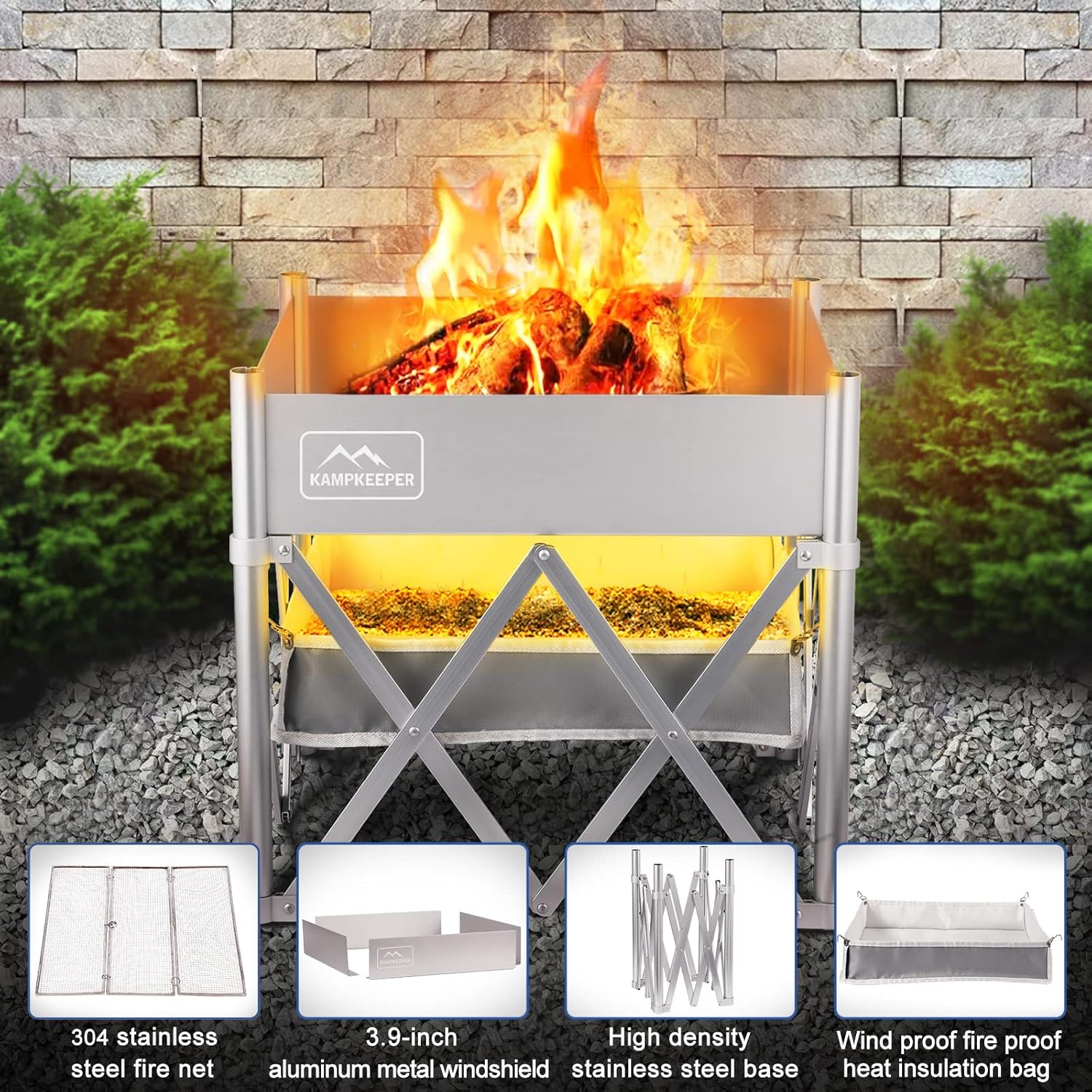 KAMPKEEPER Fire Pit 18 Inch Portable Outdoor Wood Burning with Heat Shield V761765