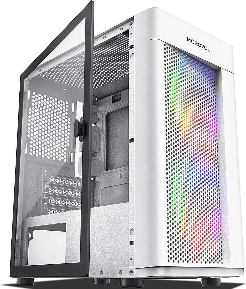 MOROVOL Mesh Micro-ATX Tower Computer Case, White, ARGB Fans Pre-Installed E400003