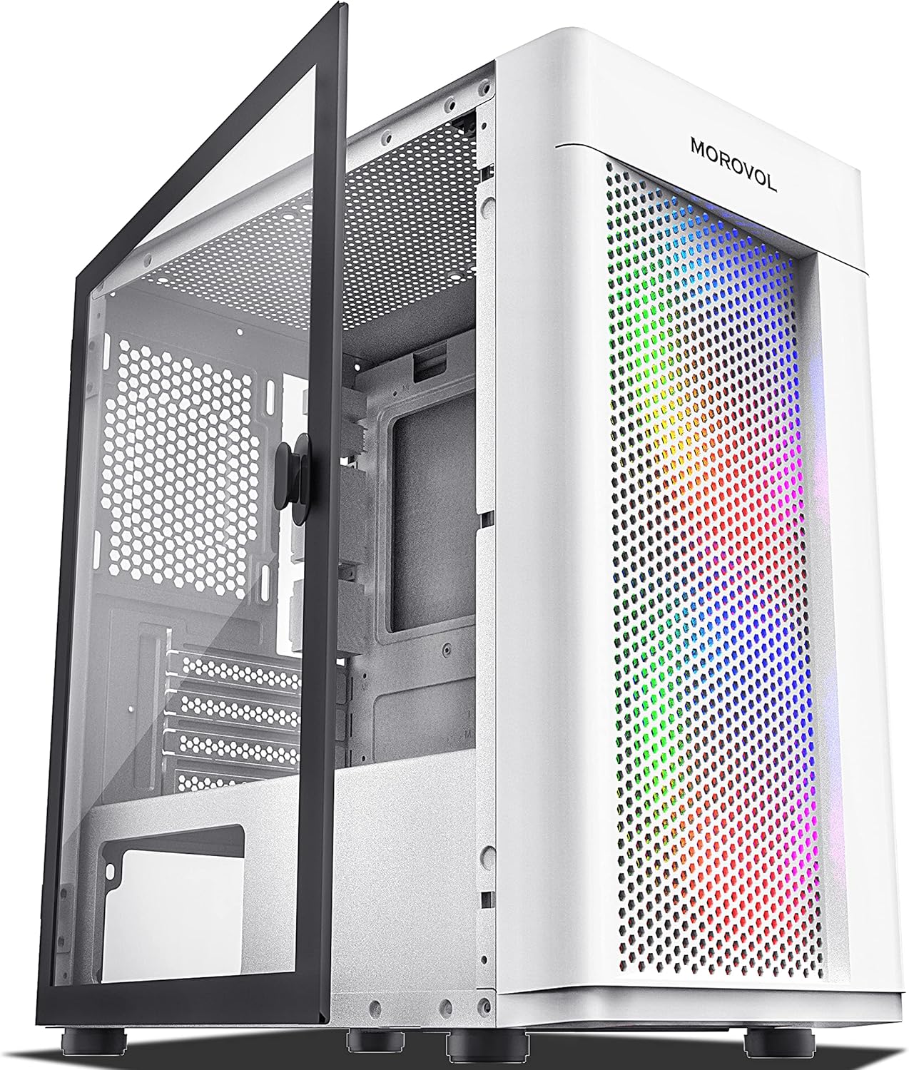 MOROVOL Mesh Micro-ATX Tower Computer Case, White, ARGB Fans Pre-Installed E400003