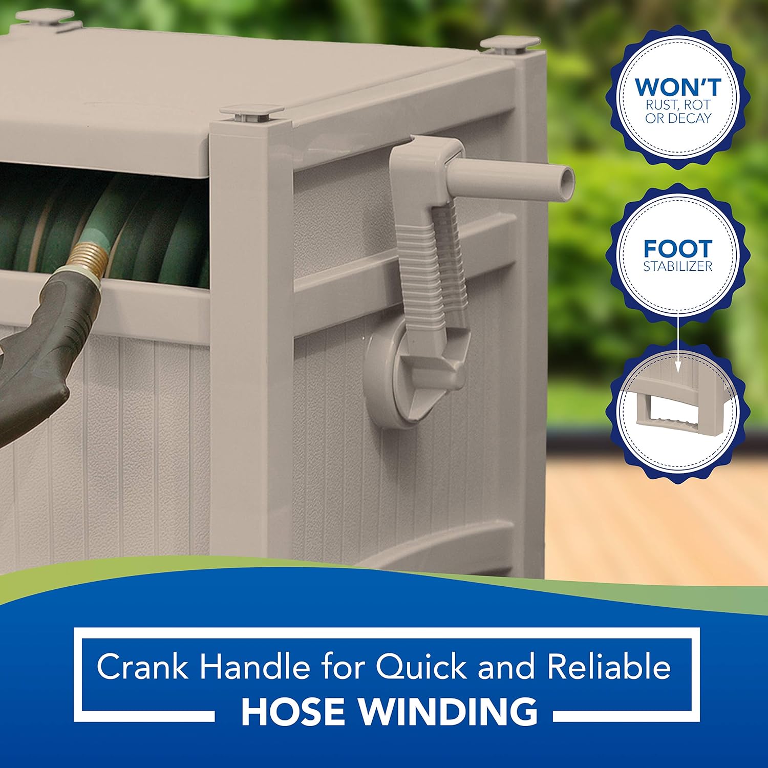 Suncast Resin Outdoor Hideaway Storage Reel with Crank Handle, 100 ft, Taupe U930887