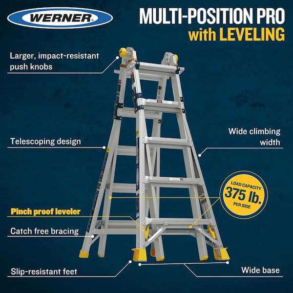 Werner 22 ft. Reach Aluminum 5-in-1 Multi-Position Pro Ladder with Leveling, 375 lbs. Type IAA G41342