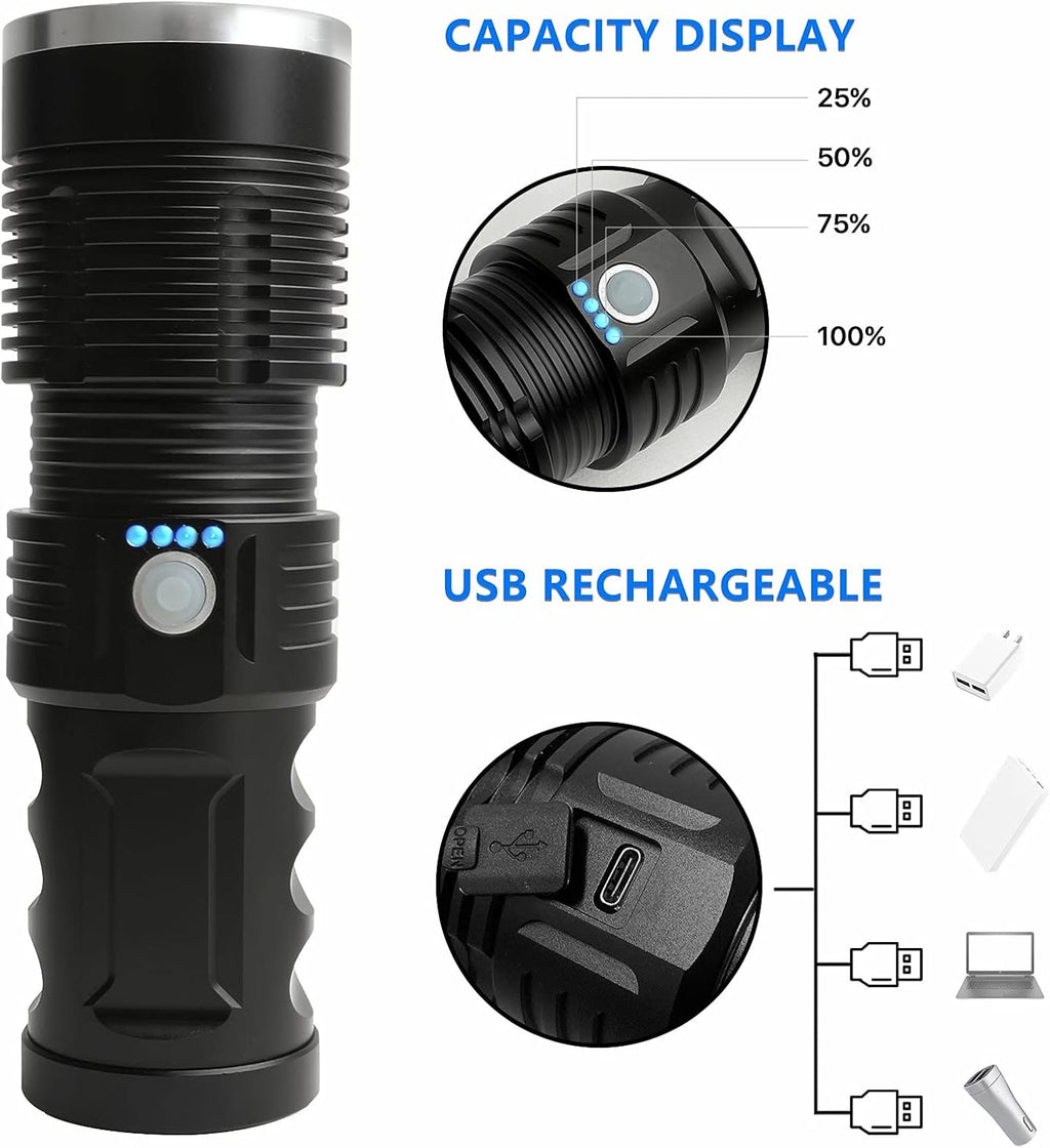Tactical LED Flashlight 100000 Lumen Rechargeable with Battery USB Cable Q740379