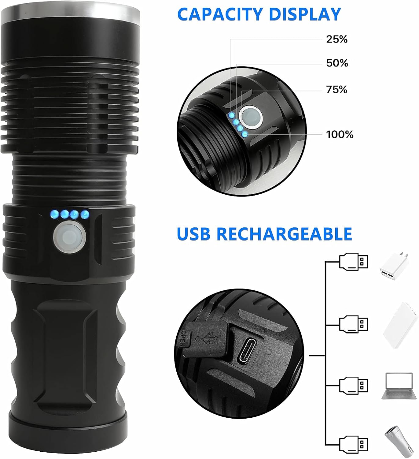 Tactical LED Flashlight 100000 Lumen Rechargeable with Battery USB Cable Q740379
