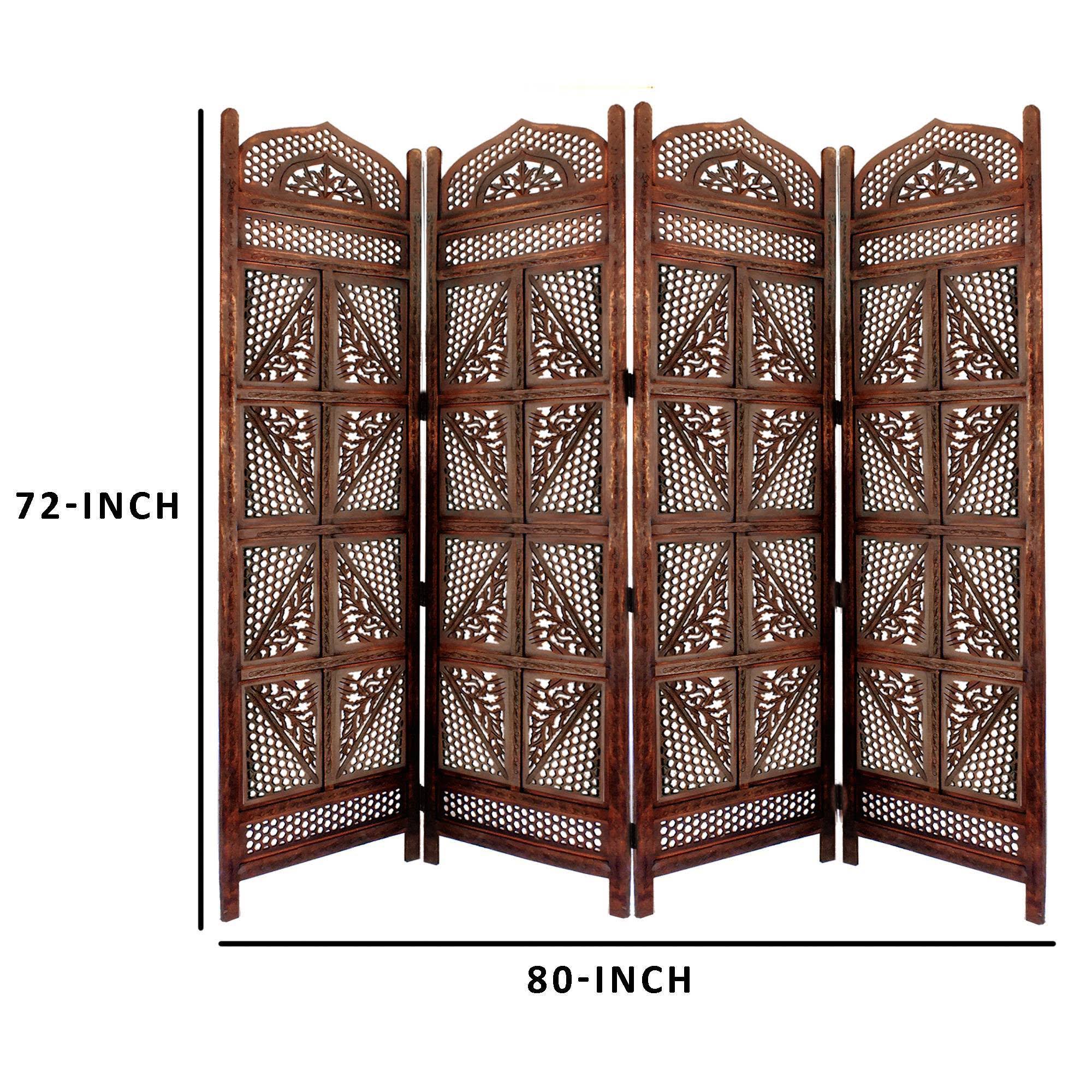 Traditional Four Panel Wooden Room Divider with Hand Carved Details, Antique Brown M13518