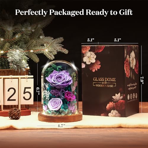 Forever Fresh Rose Flower Bouquet in Glass Dome, Preserved Purple Flowers J370
