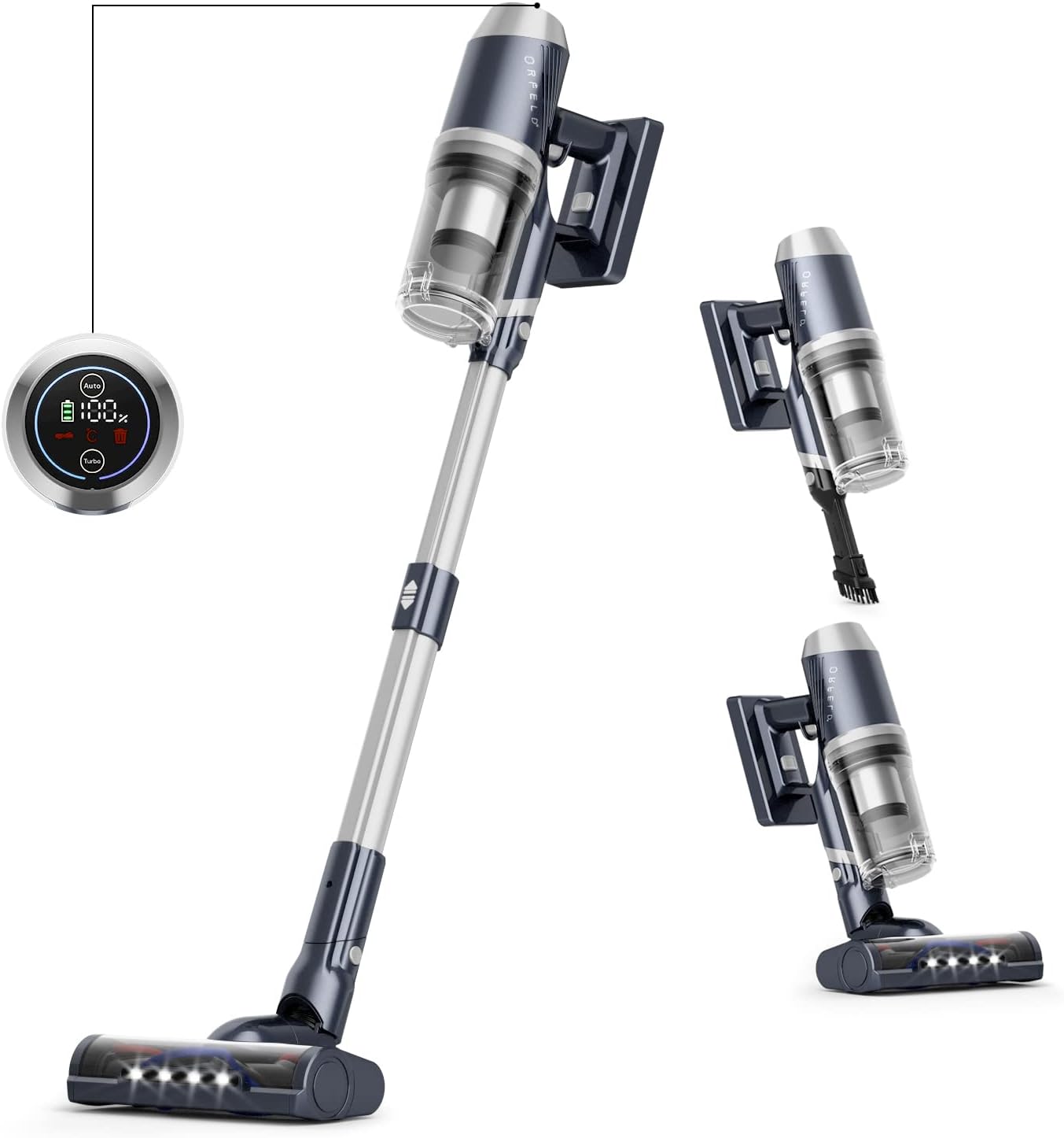 Orfeld Cordless Vacuum Cleaner,25000pa Cordless Vacuum,Smart LED Touch Screen Powerful Suction Stick Vacuum,Up to 60mins Runtime 4 in 1 Lightweight Handheld Vacuum for Hardwood Floor Carpet Pet Hair
